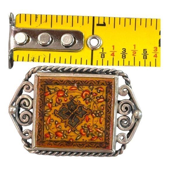 Vintage Persian Miniature Tile Hand Painted Sterling Silver Brooch Scroll Design - Picture 5 of 5